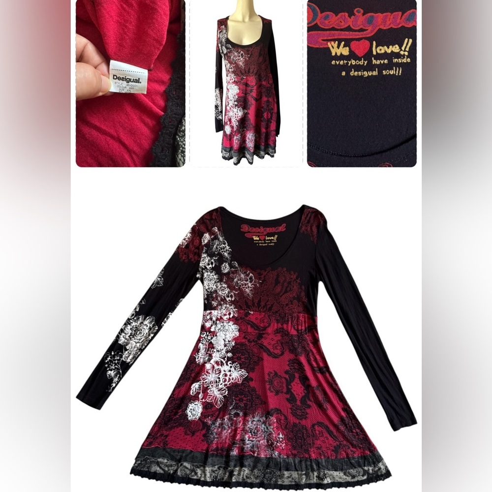 Desigual Women Dress Size XXL Red Black Floral Stretch long sleeve Y2K Lace Trim